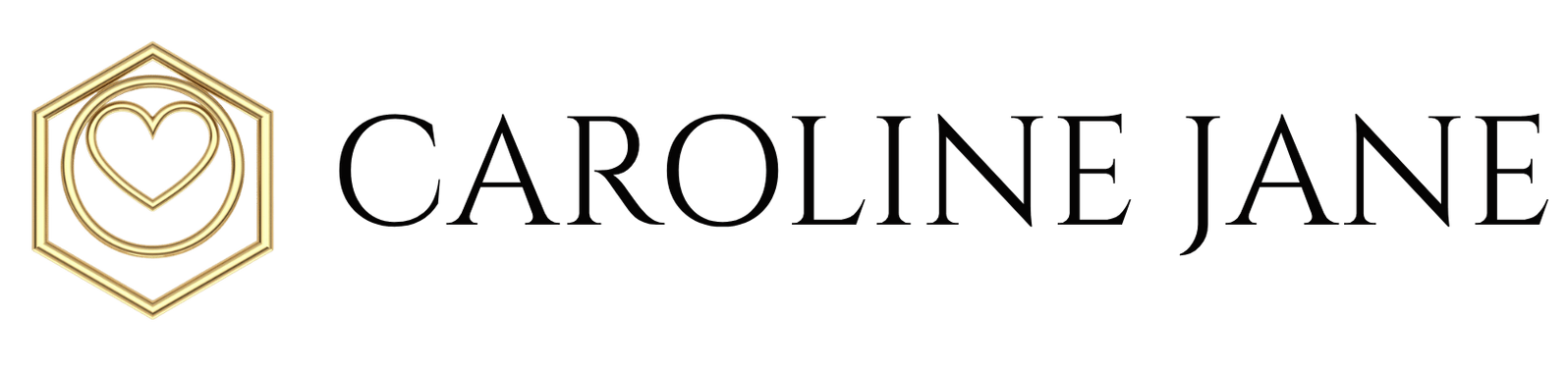 Caroline Jane name and logo in gold (heart, circle, hexagon).