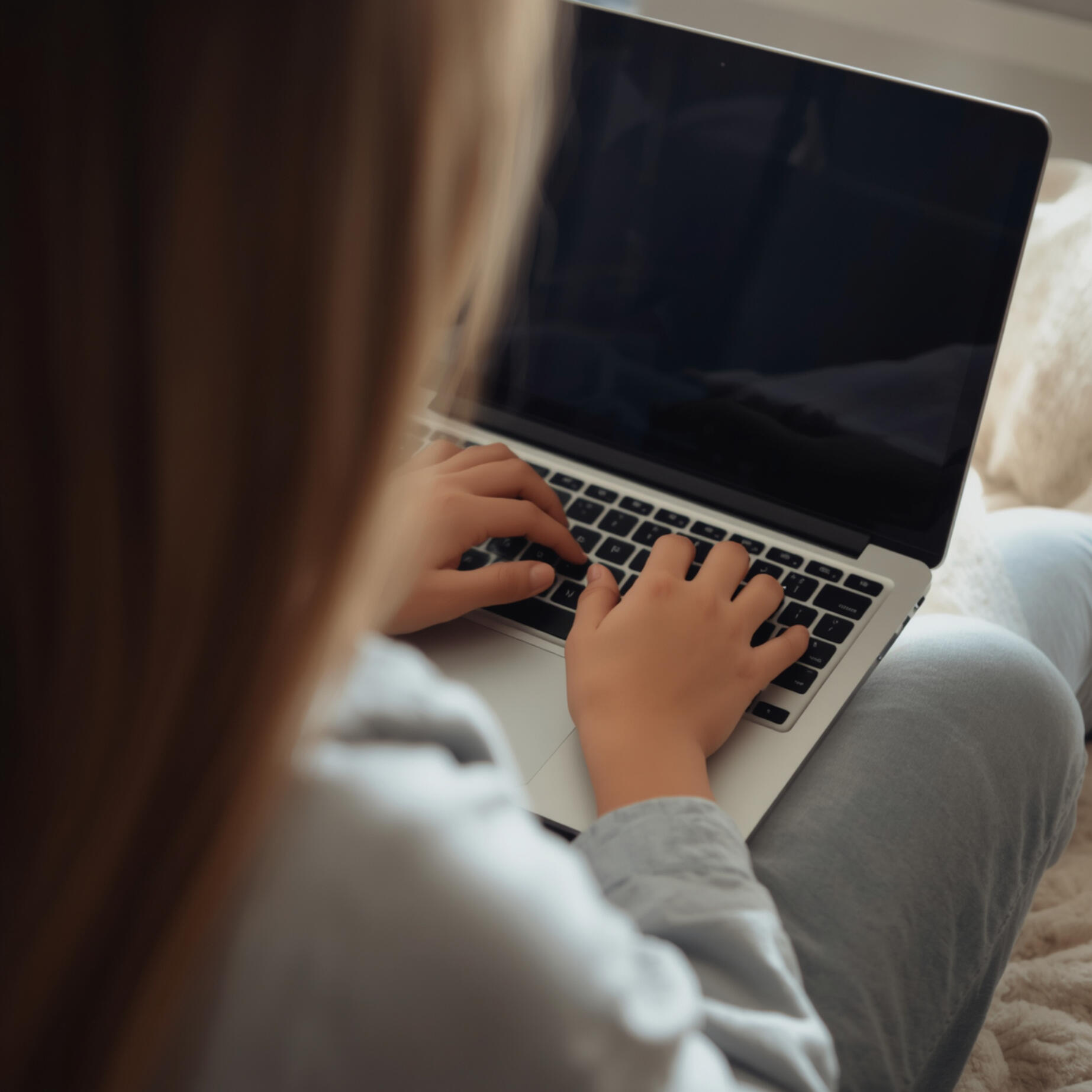 Woman sitting cross-legged on a couch, typing on a laptop, representing a remote online energy healing session and learning for certification.