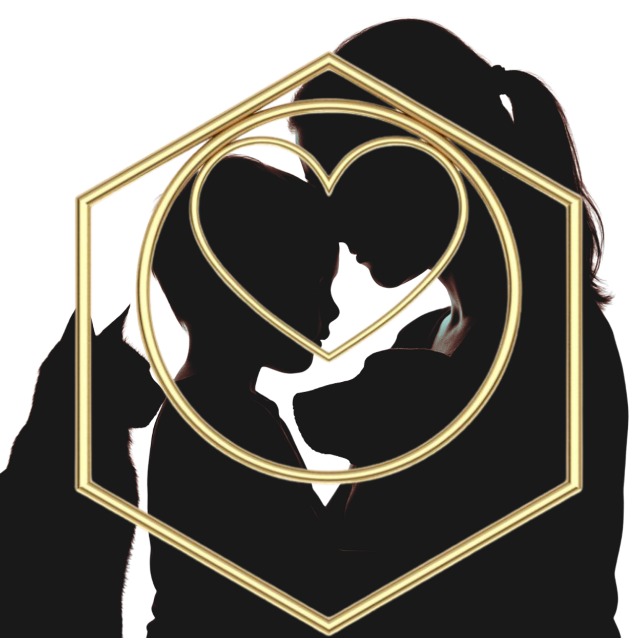 Caroline Jane heart and hexagon emblem over a silhouette of two faces (mother and child) as well as a cat and a dog.