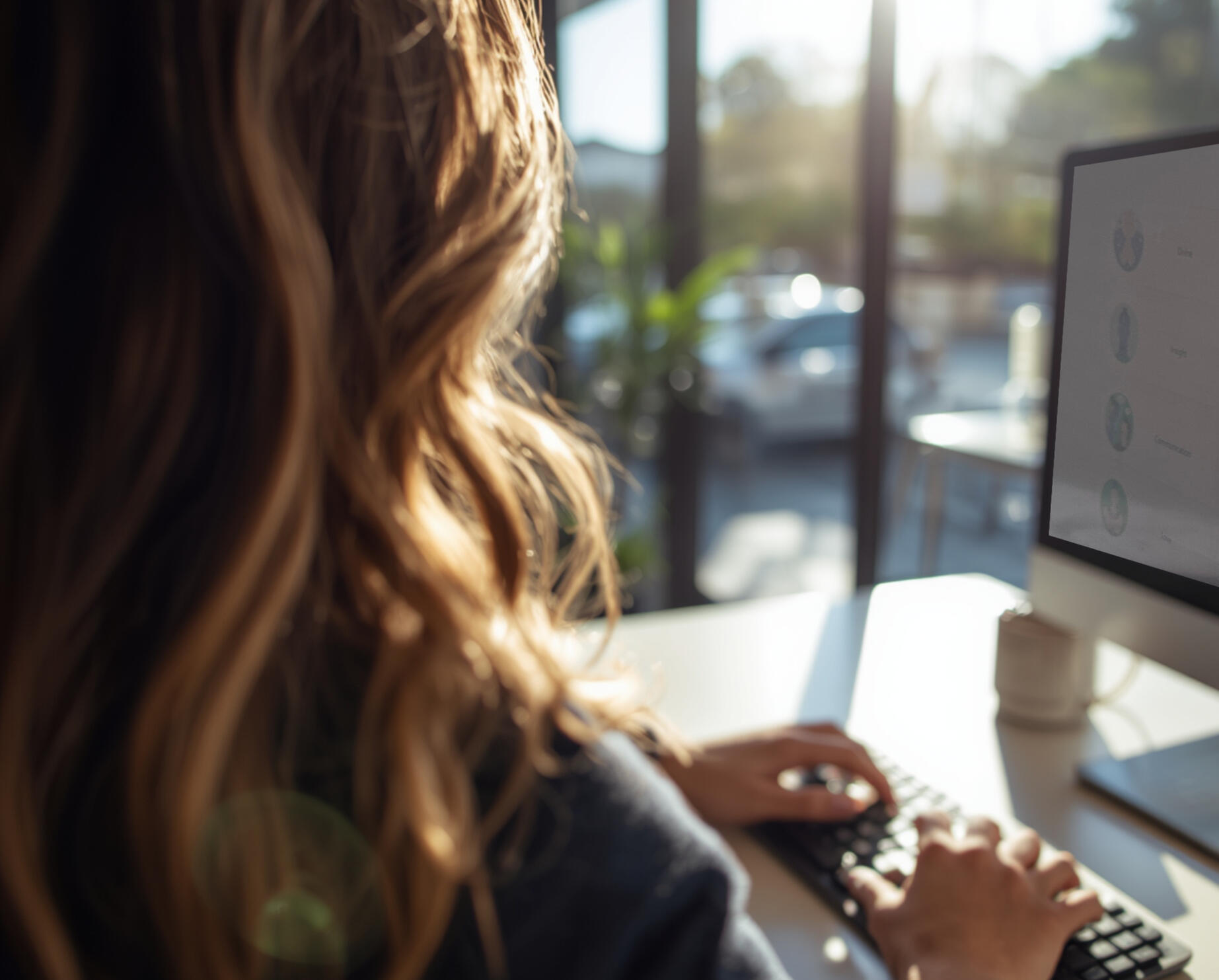 Woman working at a laptop by a window, illustrating a remote online energy healing session